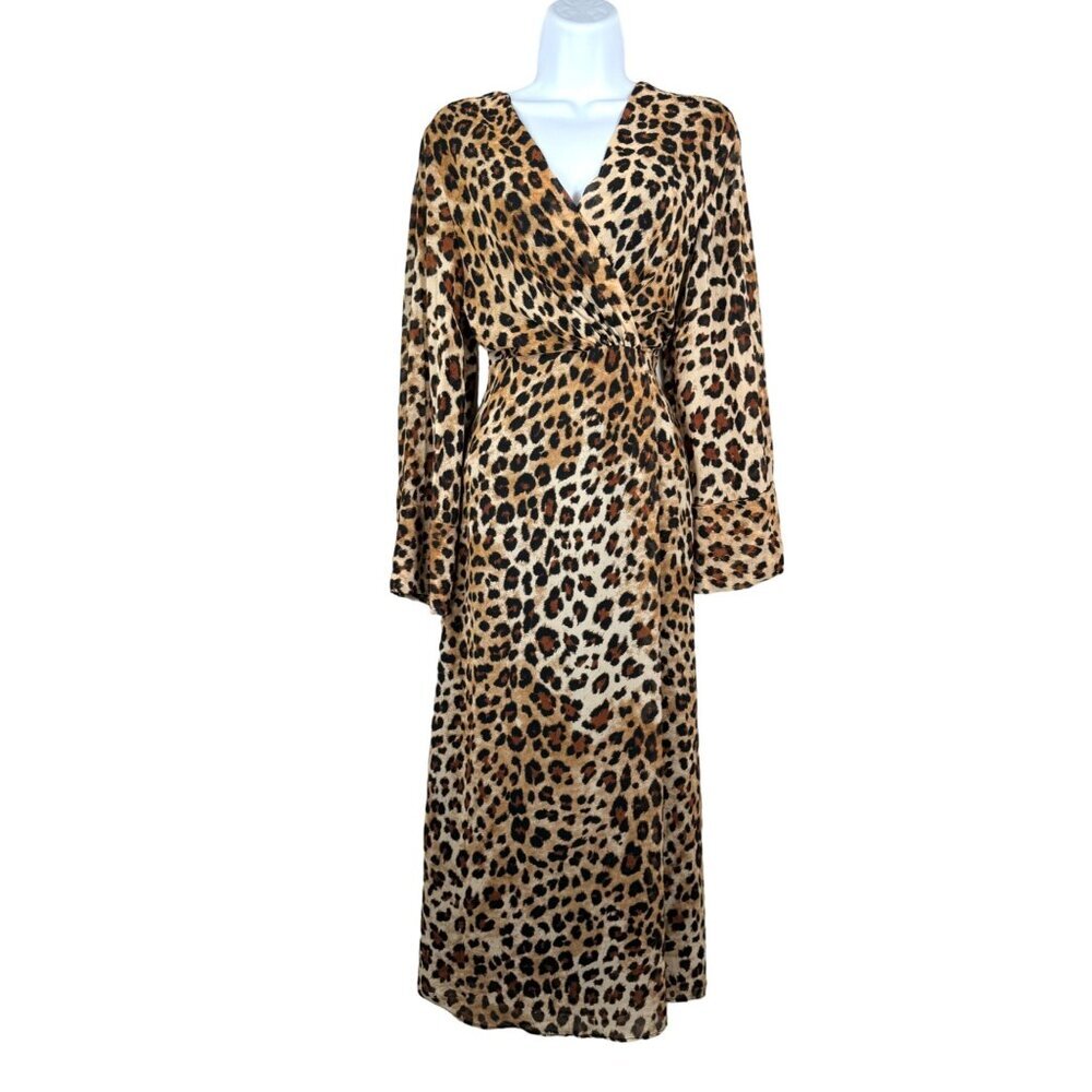 Zara Leopard Print Midi Dress‎ Long Sleeve V-Neck chiffon wrap sz L